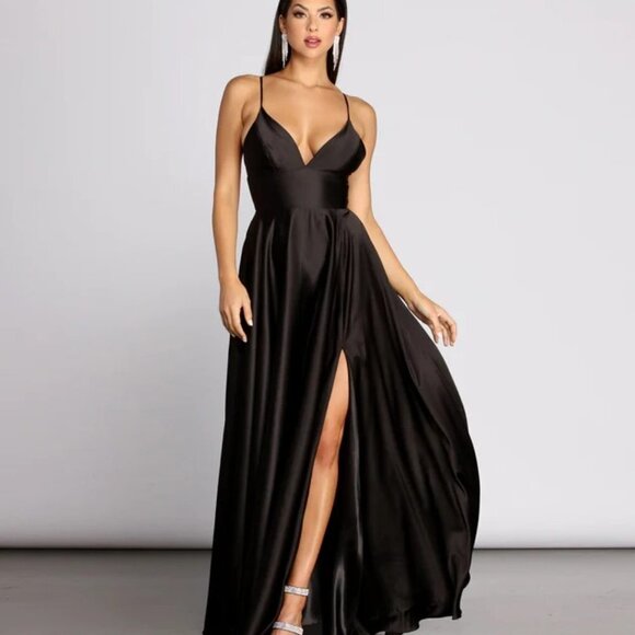 NWT Windsor Black Isabelle Satin A-Line Formal Gown - Picture 3 of 16